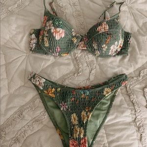 Triangl green floral smocked bikini
